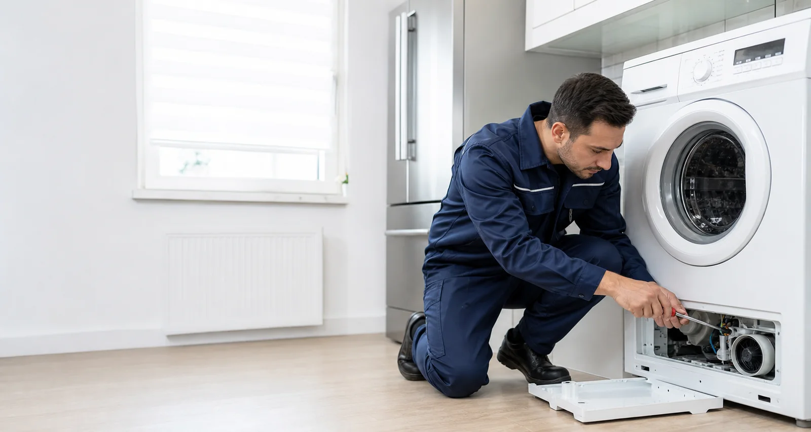 Çamaşır makinesine bakım yapan beyaz eşya teknik servis çalışanı